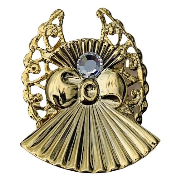 Vintage Jane Clear Faceted Glass Fan Paisley Shiny Yellow Gold Tone Brooch - Picture 1 of 6